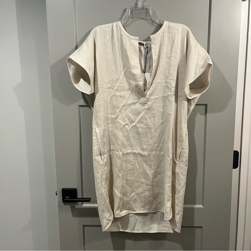 NWT Vince Size Small Neutral Cream Oversize Short Sleeve Dress Linen V-neck